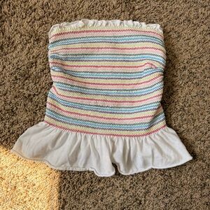 On Running White Strapless Smocked Tube Top with Rainbow Stripes